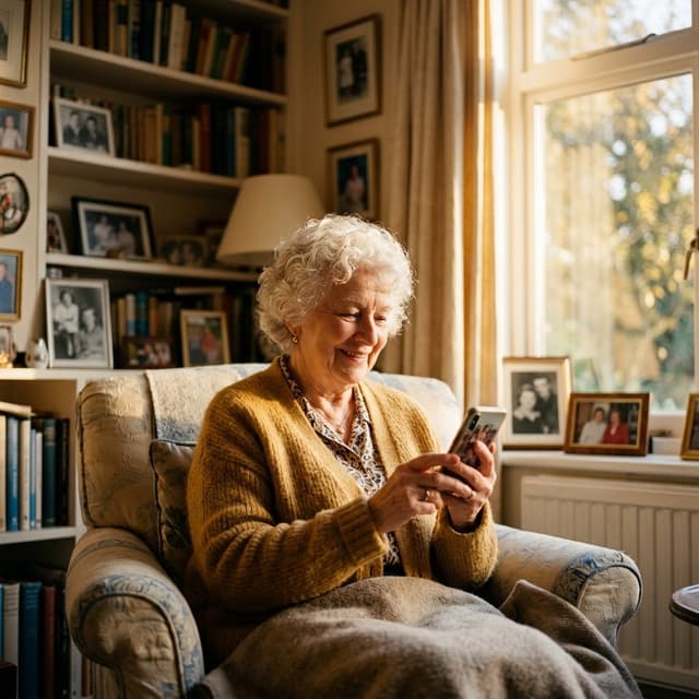 A grandmother smiling while sharing stories on her phone