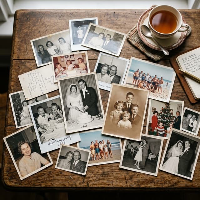 Vintage family photographs scattered on a wooden table